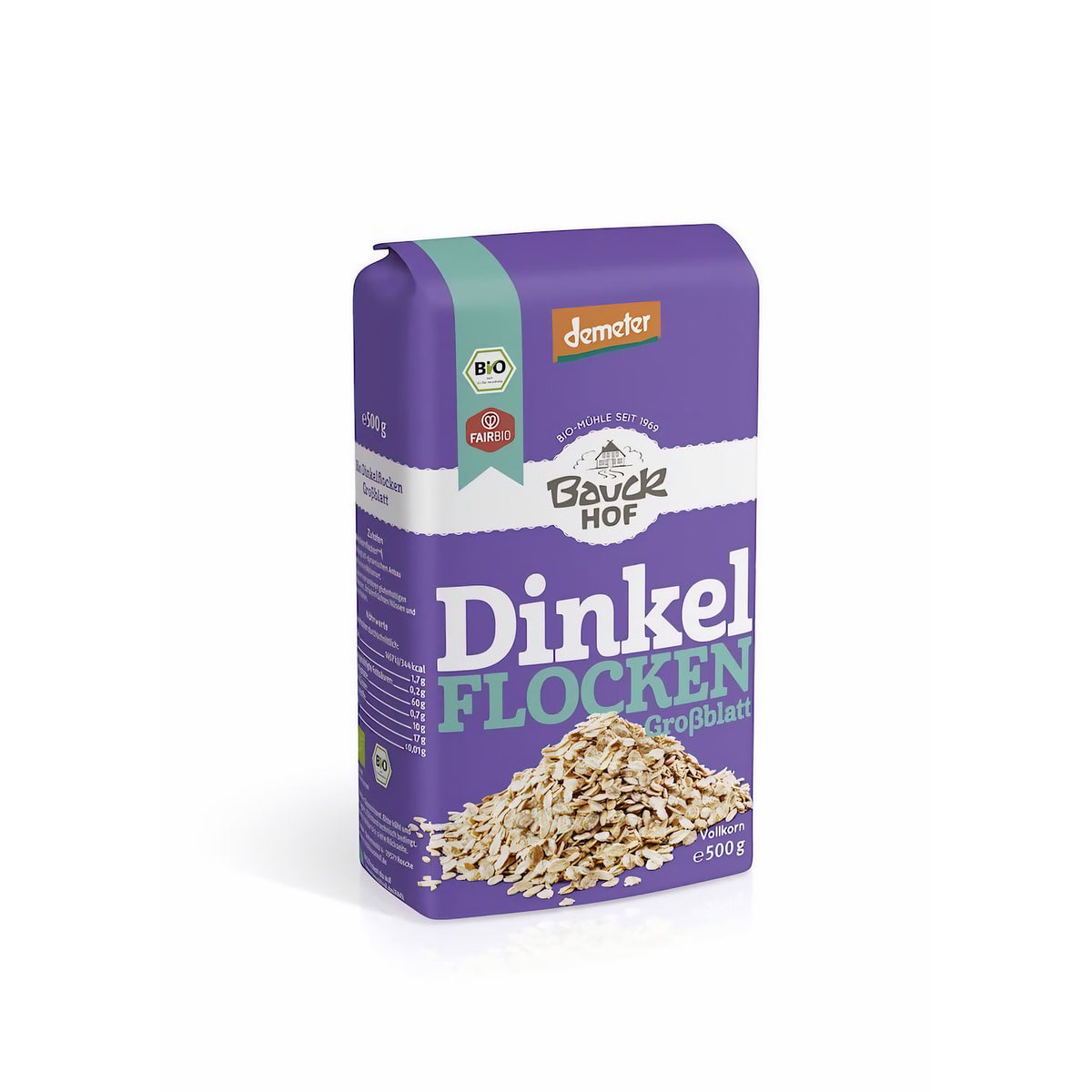Bio Dinkelflocken von Bauckhof, Großblatt, Demeter, für gesundes Kochen, im 500g-Beutel sichtbar