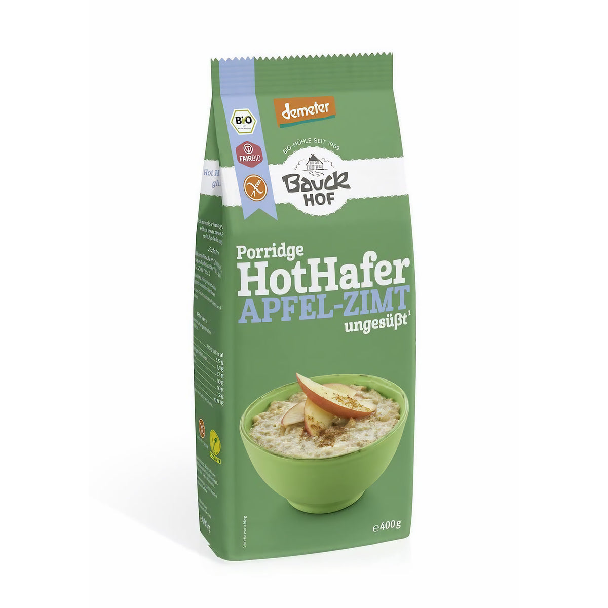 Bio Hot Hafer Apfel-Zimt von Bauckhof, glutenfreies Frühstück mit Apfel und Zimt, in 400g Packung, Demeter-Qualität