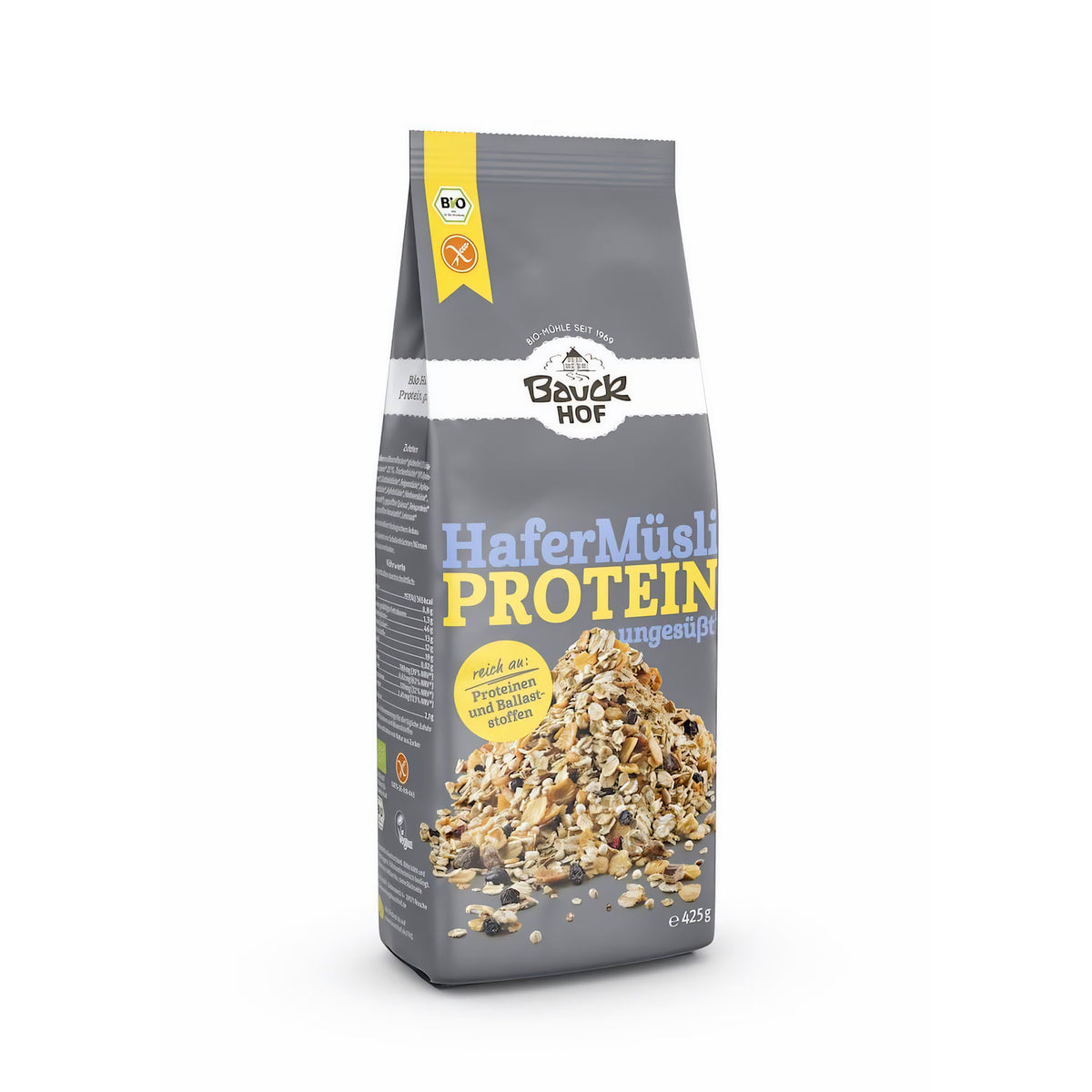 Bauckhof Hafer Müsli Protein glutenfrei 425g, stehende Packung frontal vor weißem Hintergrund, Müsli sichtbar am Boden der Verpackung.