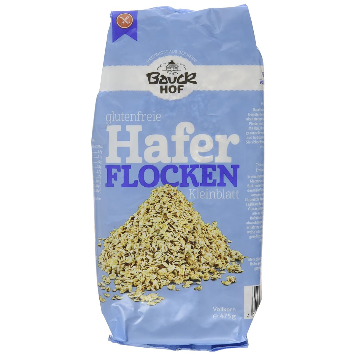Bauckhof Haferflocken Kleinblatt, Packung stehend, frontal fotografiert, ohne Dekoration oder weitere Zutaten.