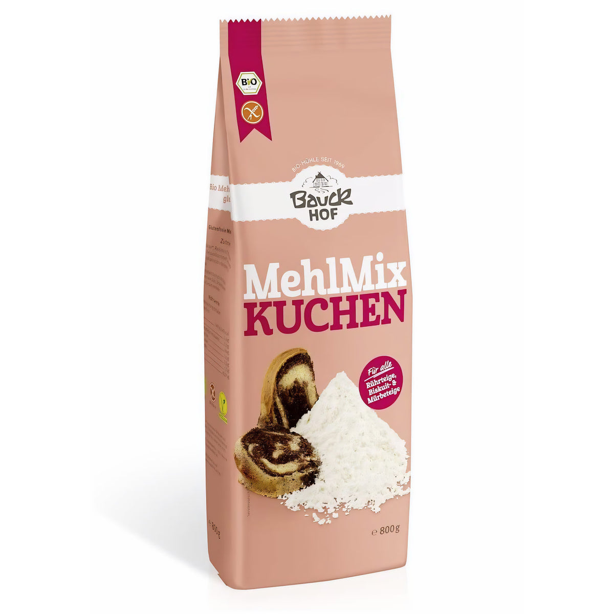 Bauckhof Mehl Mix Kuchen glutenfrei 800g, stehende Packung vor weißem Hintergrund, Vorderseite mit Abbildung von Marmorkuchen und Mehlhaufen, keine weiteren Gegenstände sichtbar.