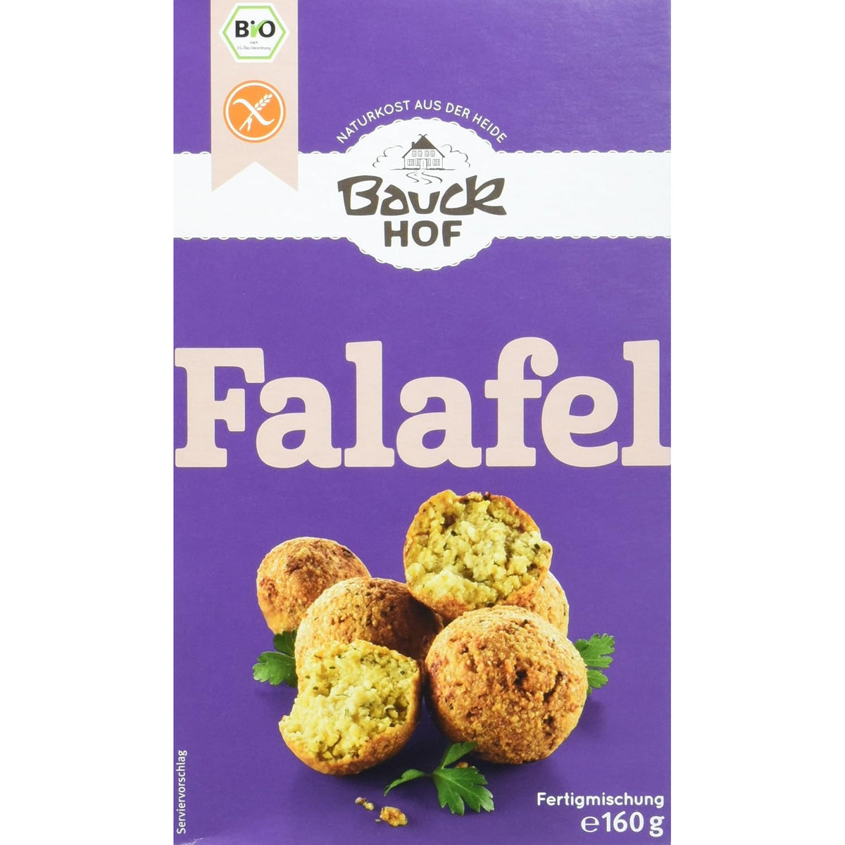 Vorderseite der Bauckhof Falafel Mischung glutenfrei, lila Verpackung mit Abbildungen von Falafel-Bällchen und Petersilie.