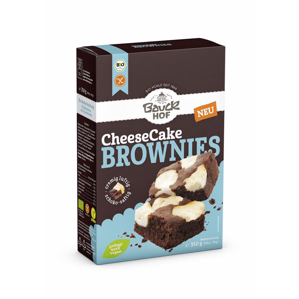 Packung Bauckhof Cheesecake-Brownies Backmischung glutenfrei 350g, freigestellt vor weißem Hintergrund, Vorderseite gut lesbar.