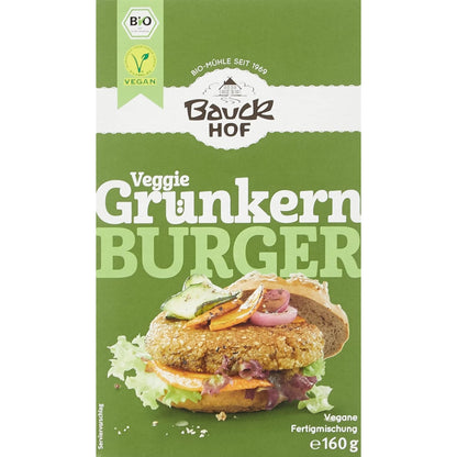Vorderseite der Bauckhof Grünkern-Burger Packung mit Abbildung eines belegten veganen Burgers und Produktinformationen.