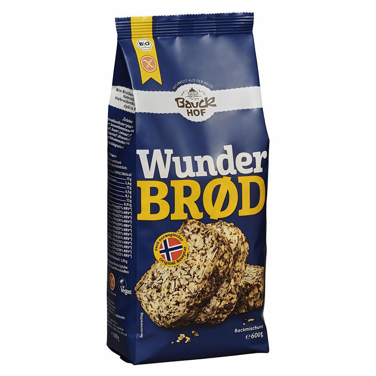 Packung Bauckhof Wunderbrot Backmischung 600g stehend, Vorderseite mit Produktabbildung und Nährwertangaben sichtbar.