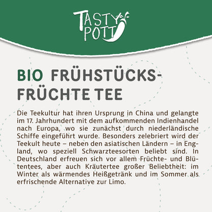 Detailansicht des Etiketts vom Tasty Pott Frühstücks Früchte Tee mit Produktbeschreibung und grünem Design