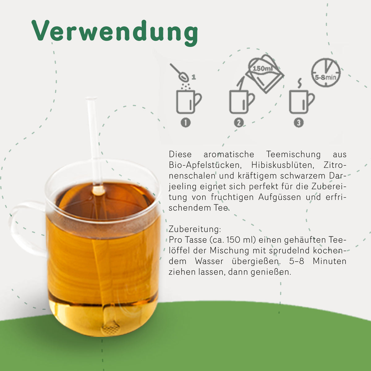 Zubereitungsempfehlung für Tasty Pott Frühstückstee mit Glas Tee, Icons und Zutatenbeschreibung