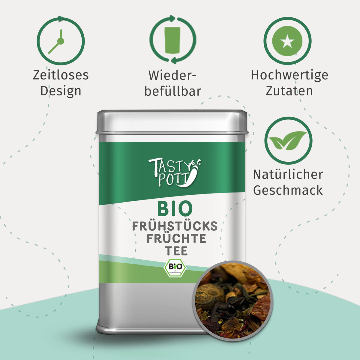 Tasty Pott Früchte Tee Dose mit Icons zu Design, Wiederbefüllbarkeit und natürlichen Zutaten