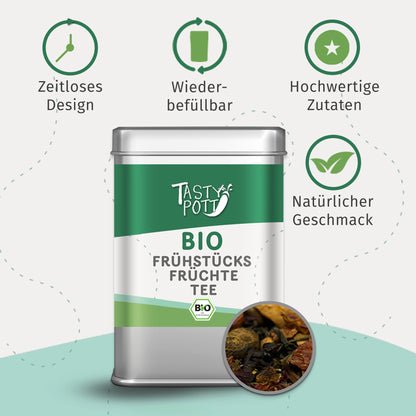 Tasty Pott Früchte Tee Dose mit Icons zu Design, Wiederbefüllbarkeit und natürlichen Zutaten