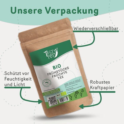 Wiederverschließbarer Kraftpapierbeutel Tasty Pott Frühstücks Früchte Tee mit grün-weißem Etikett