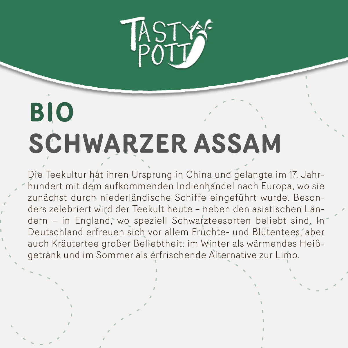 Detailansicht des Etiketts der Tasty Pott Bio Assamtee Dose mit Produktbeschreibung und grünem Design.