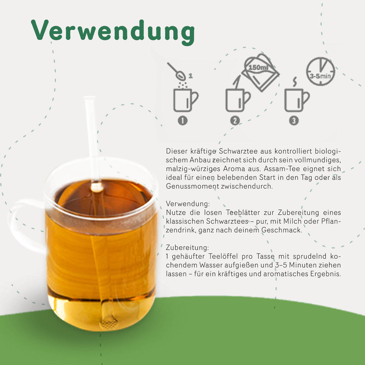 Zubereitungsempfehlung für Tasty Pott Assamtee mit Glas schwarzertee, Teelöffel und Wasserangabe, illustriert auf hellem Hintergrund.