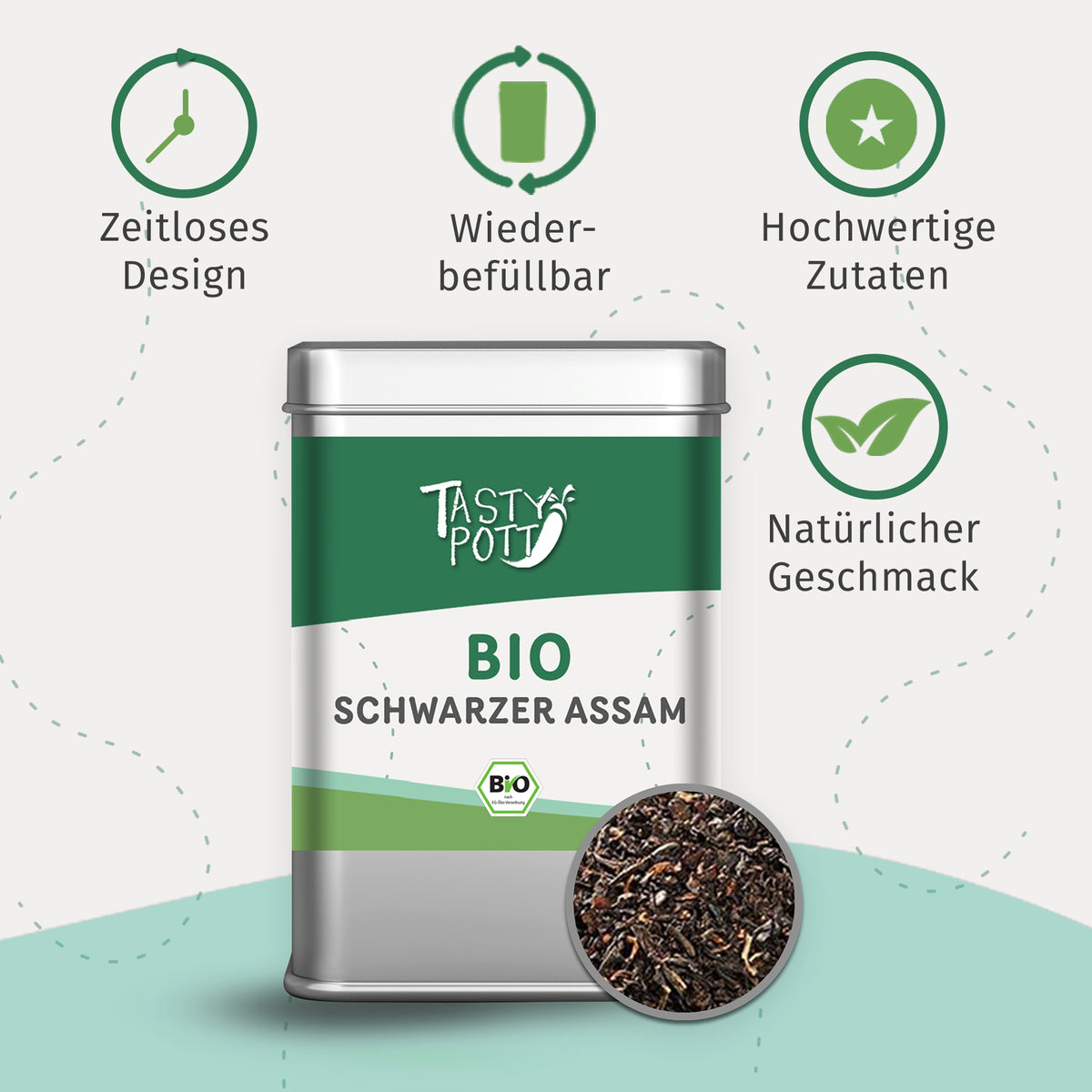 Tasty Pott Bio Assamtee Dose mit schwarzertee im Sichtfenster, umgeben von Icons zu Design, Wiederbefüllbarkeit und Zutaten.