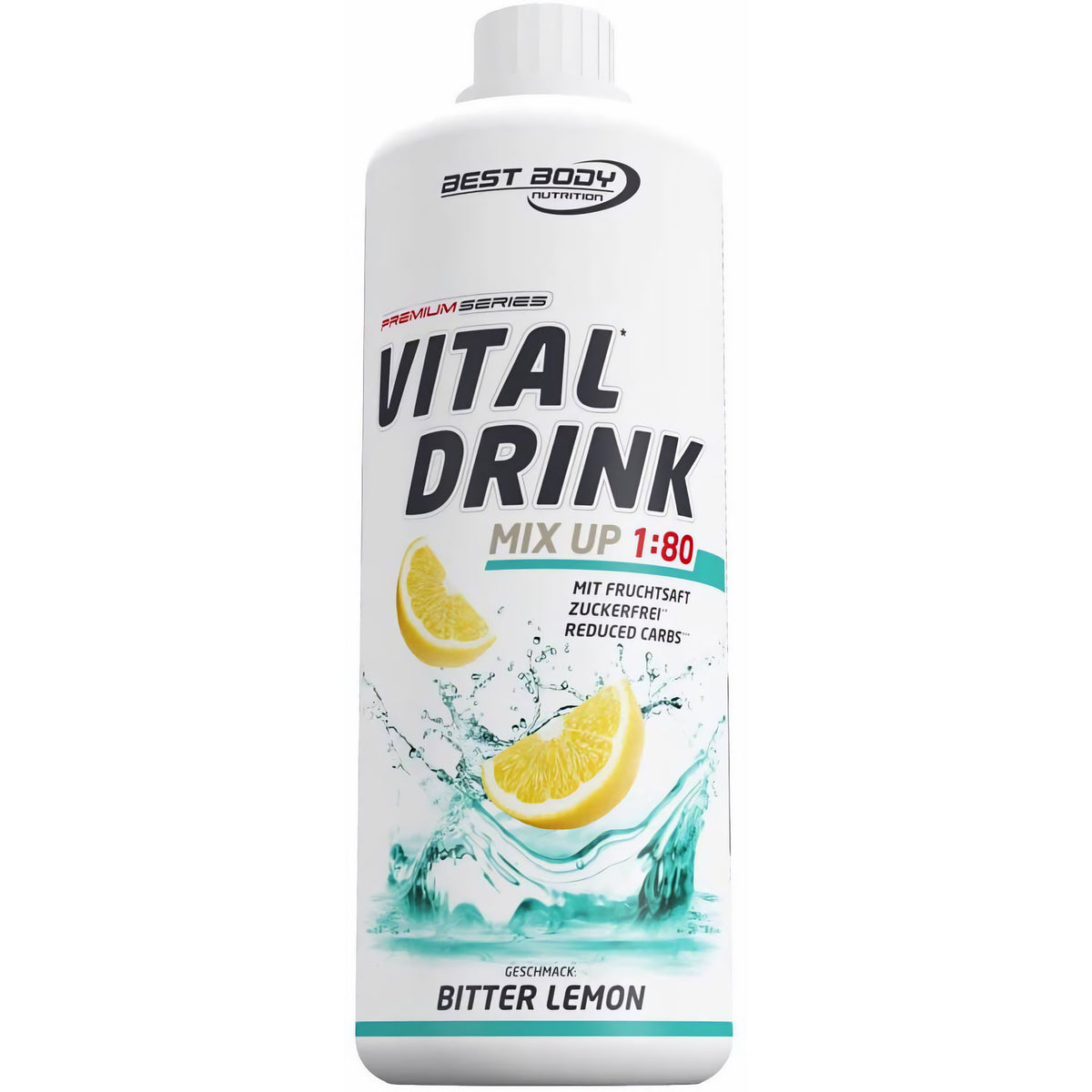 Vital Drink Bitter Lemon von Best Body Nutrition, Flasche frontal, Zitronenscheiben und Wasser-Splash auf dem Etikett.