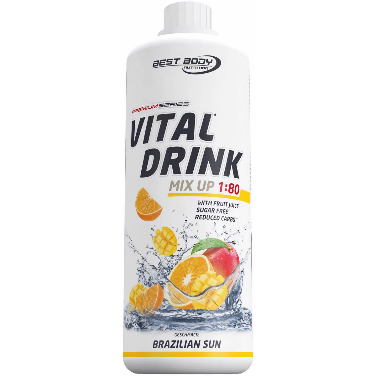 Vital Drink Brazilian Sun von Best Body Nutrition, Flasche schräg, Mango- und Orangenscheiben mit Wasserspritzer auf dem Etikett.