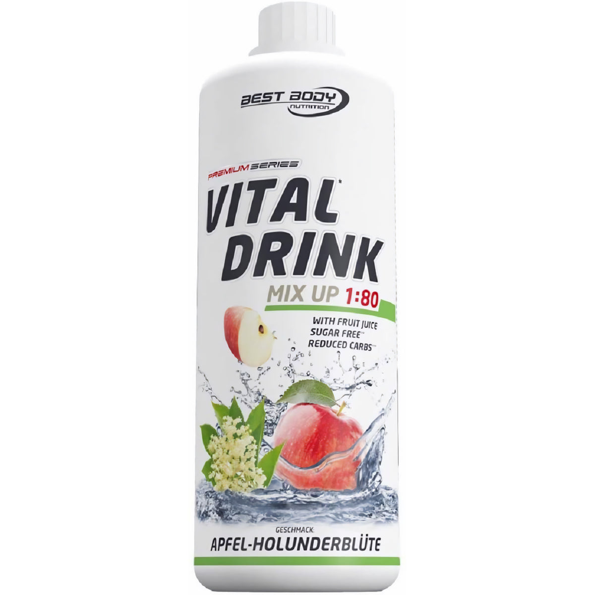 Best Body Nutrition Vitaldrink Apfel-Holunderblüte, Flasche schräg, Apfelhälften und Holunderblüten mit Wasser auf dem Etikett.