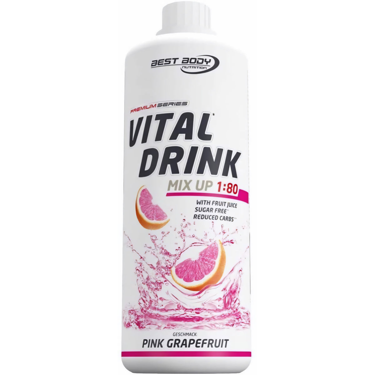 Vital Drink Pink Grapefruit von Best Body Nutrition, Flasche schräg, Grapefruitstücke und rosa Wasserspritzer auf dem Etikett.