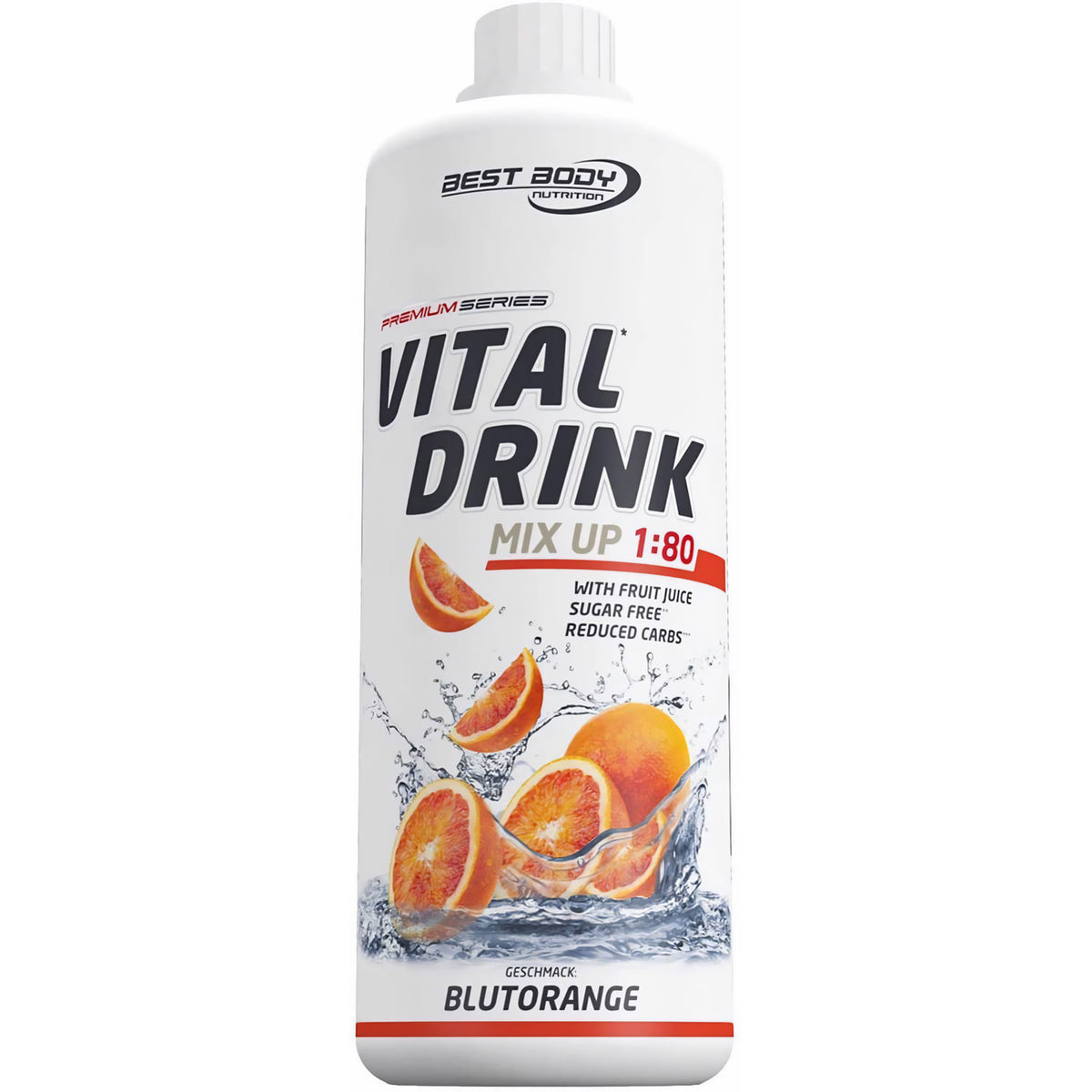 Vital Drink Blutorange von Best Body Nutrition, Flasche schräg, Blutorangenscheiben und Wasserspritzer auf dem Etikett.