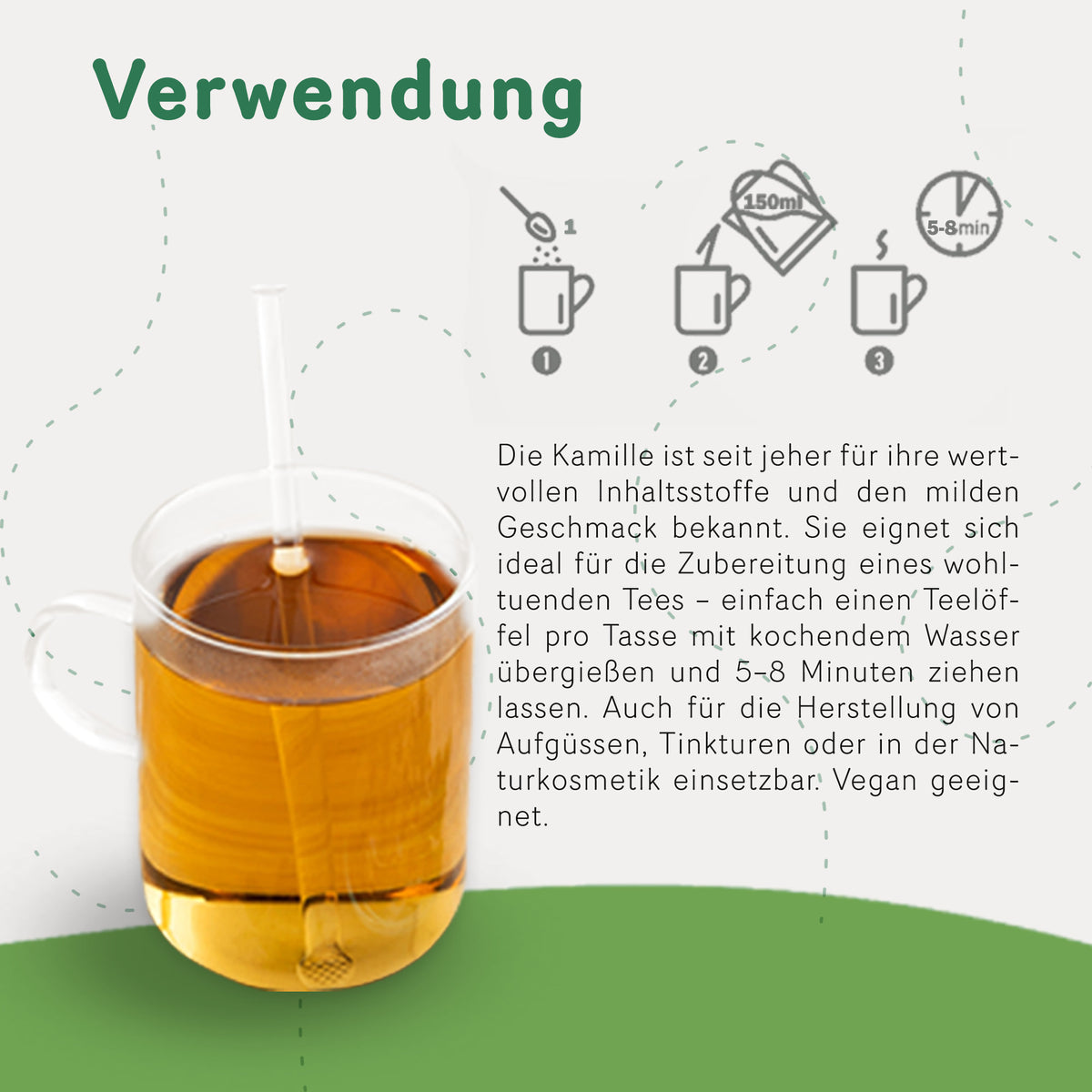 Zubereitungsempfehlung für Tasty Pott Kamillenblüten Kräutertee mit Glas Tee, Icons und Anwendungstext.