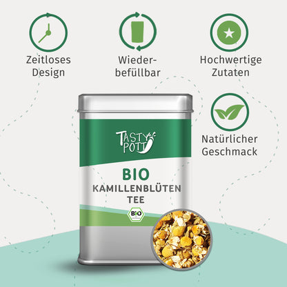 Tasty Pott Kamillenblüten Tee Dose mit Icons zu Design, Wiederbefüllbarkeit und natürlichen Zutaten, Kräutertee im Detailkreis.