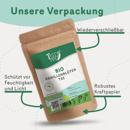 Wiederverschließbare Kraftpapierverpackung vom Tasty Pott Kamillenblüten Tee mit Etikett und erklärenden Pfeilen.