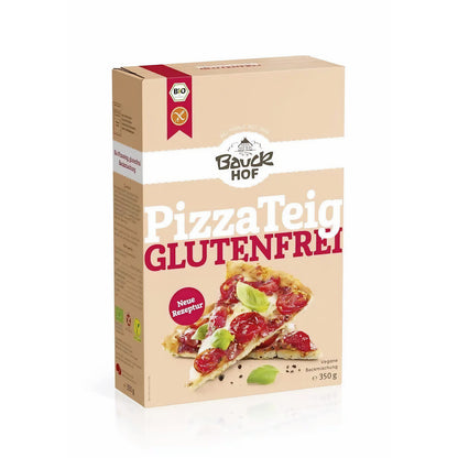 Bauck Mühle Pizzateig Backmischung glutenfrei freigestellt vor weißem Hintergrund.
