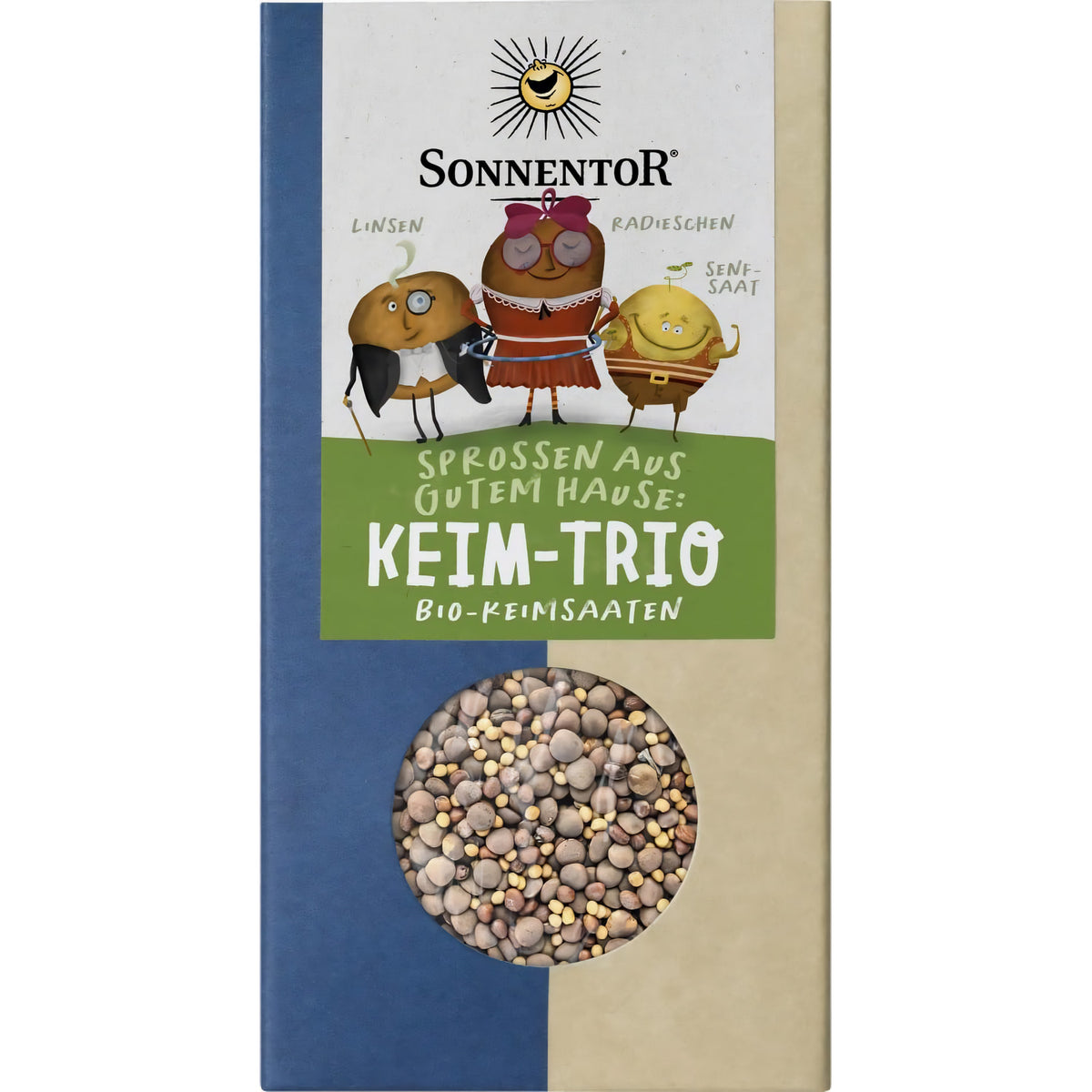 Bio Keim-Trio von Sonnentor, Saaten in nachhaltiger Verpackung, zeigt verschiedene Keim-Saaten in Gläsern.
