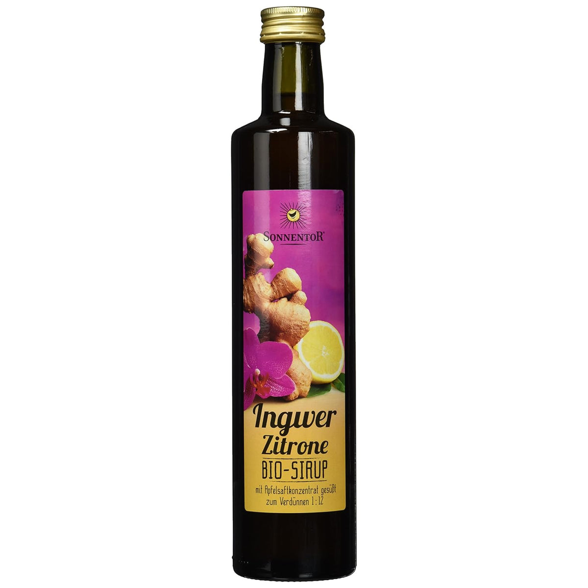 Sonnentor Ingwer-Zitronen Sirup in dunkler Flasche mit violett-gelbem Etikett, freigestellt vor weißem Hintergrund.