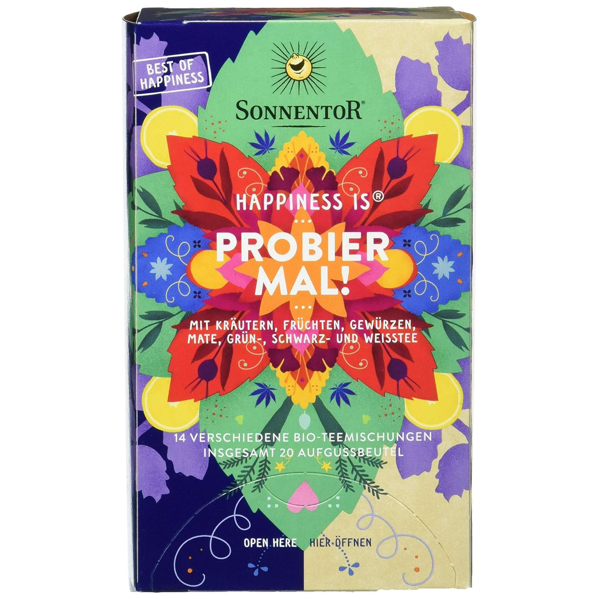 Bio-Tee von Sonnentor, Probier mal! Happiness ist, mit einer Packung mit 3x32g Teeblättern und Kräutern.