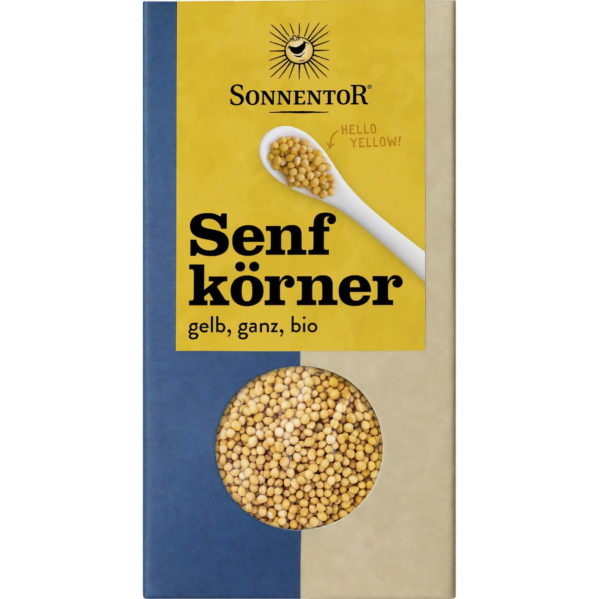 Gelbe Bio Senfkörner von Sonnentor, ganze Gewürze in 6x120g Verpackung, ideal für Saucen und Würzungen.