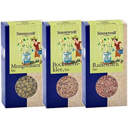 Bio-Sprossenset von Sonnentor mit Mungbohnen, Bockshornklee und Radieschen, jeweils 120 g, Saaten für keimende Sprossen.