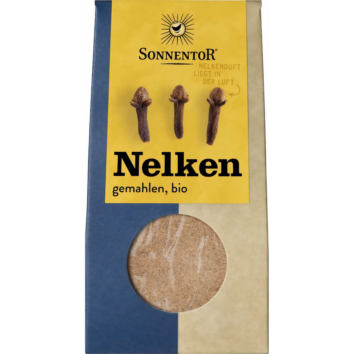 Vorratspackung Sonnentor gemahlene Nelken, frontal vor weißem Hintergrund, das Sichtfenster zeigt das feine Gewürz.