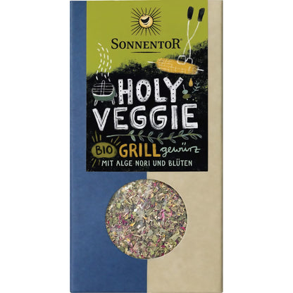 Sonnentor Holy Veggie Grillgewürz Vorratspackung frontal, Sichtfenster zeigt bunte Gewürzmischung.