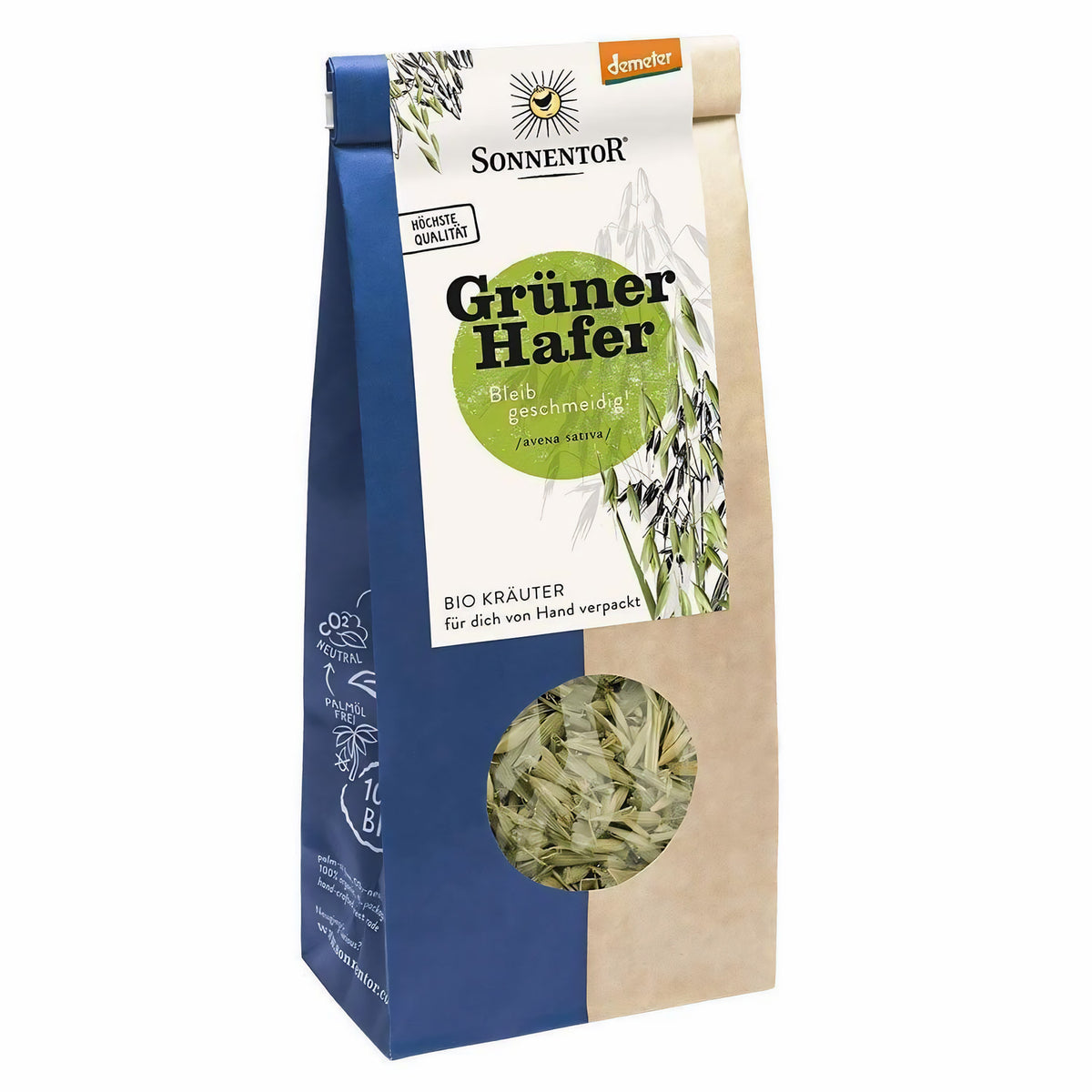 Sonnentor Grüner Hafer Tee Packung freigestellt, Vorderseite mit Sichtfenster und Etikett sichtbar.