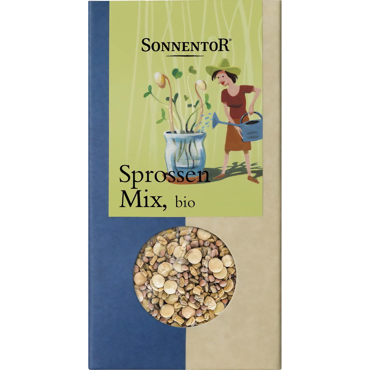 Sonnentor Bio Sprossen-Mix 120g Vorratspackung frontal, Sichtfenster zeigt verschiedene Saaten und Keimsprossen.