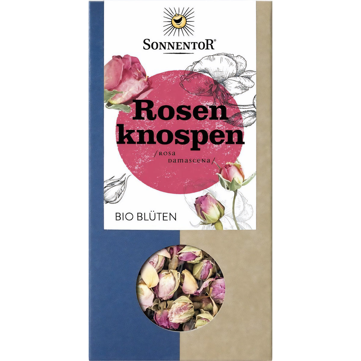 Vorderseite der Sonnentor Rosenknospen lose 6x30g Packung, Sichtfenster mit getrockneten Rosenknospen, neutraler Hintergrund.