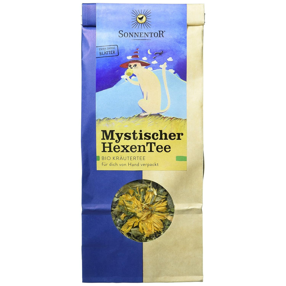 Sonnentor Mystischer HexenTee lose, Kräutertee in blau-gelber Verpackung mit Sichtfenster und Katzenmotiv, freigestellt vor weißem Hintergrund.