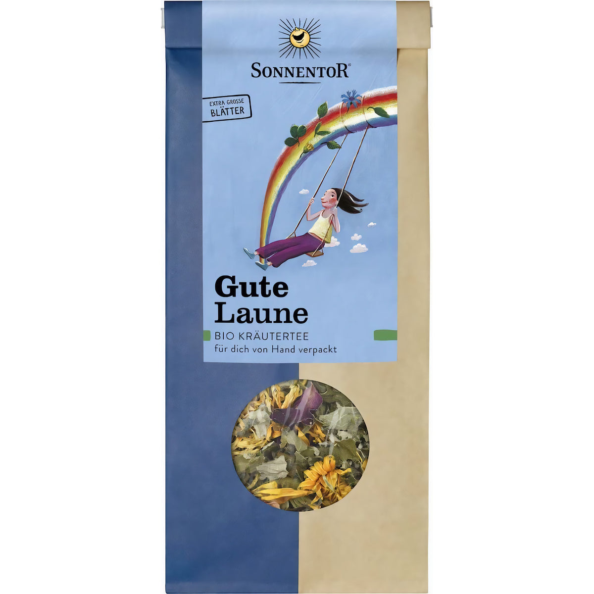 Sonnentor Gute Laune Kräutertee lose, 50g-Packung frontal fotografiert, Sichtfenster zeigt bunte Kräutermischung, Verpackung mit Regenbogen-Illustration.