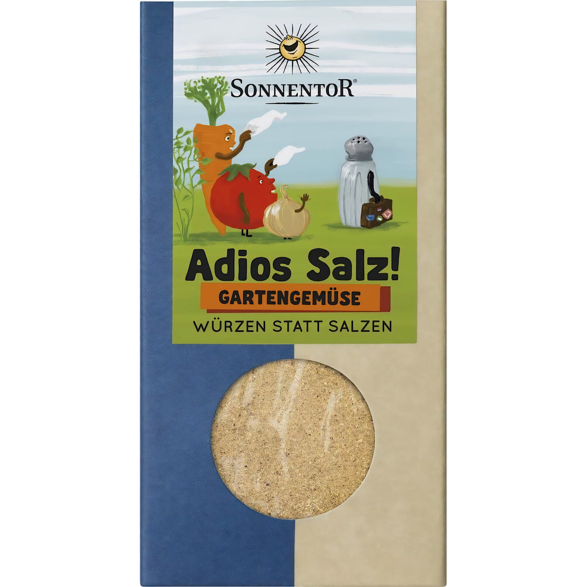 Vorderseite der Packung Sonnentor Adios Salz Gartengemüse mit Sichtfenster und bunter Illustration.