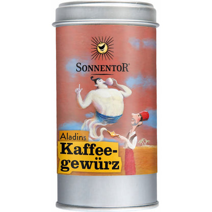 Nahaufnahme der Dose Sonnentor Aladins Kaffeegewürz 2x35g mit bunter Illustration auf dem Etikett vor weißem Hintergrund.