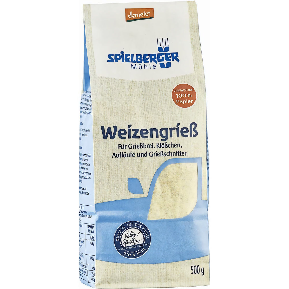 Spielberger Weizengrieß in einer 500g-Packung, stehend und leicht seitlich gedreht vor weißem Hintergrund, Produkttext und Demeter-Logo gut lesbar.