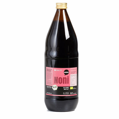 Wohltuer Noni Saft als 1-Liter-Flasche mit rosa Etikett, freigestellt vor weißem Hintergrund.