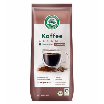 lebensbaum kaffee gourmet klassisch gemahlener Kaffee 500g, freigestellte Packung frontal vor weißem Hintergrund