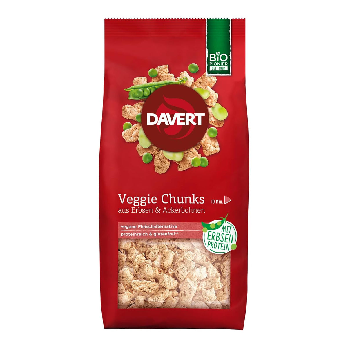 Davert Veggie Chunks 100g in roter Verpackung, Produkt frontal und freigestellt ohne weitere Dekoration.