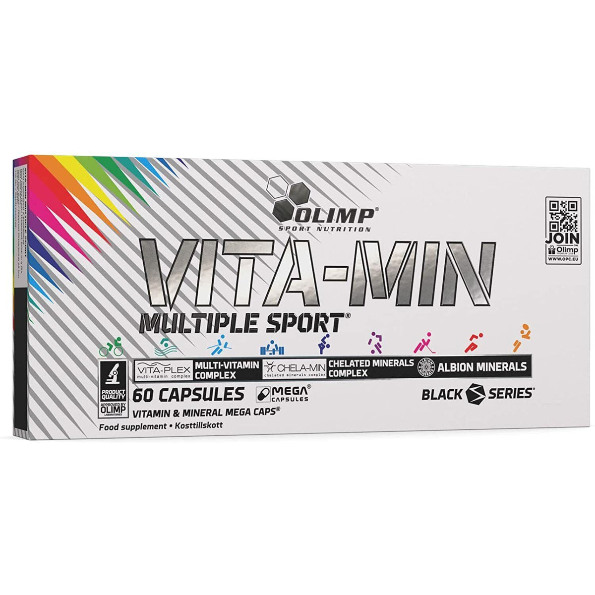 Olimp Vita-Min Multiple Sport Vitaminkapseln in einer offenen Packung mit 60 Kapseln auf weißem Hintergrund