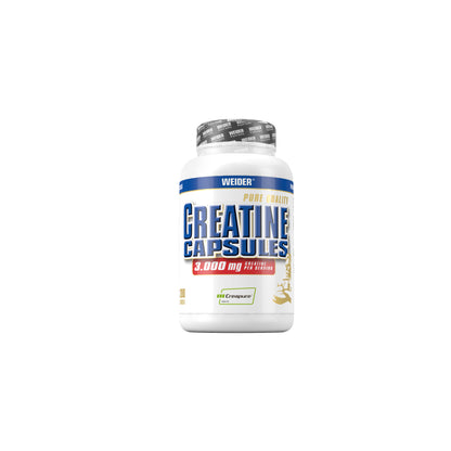 Weider Creatine Caps Dose mit 200 Stück freigestellt vor weißem Hintergrund, Produkt von vorne sichtbar.