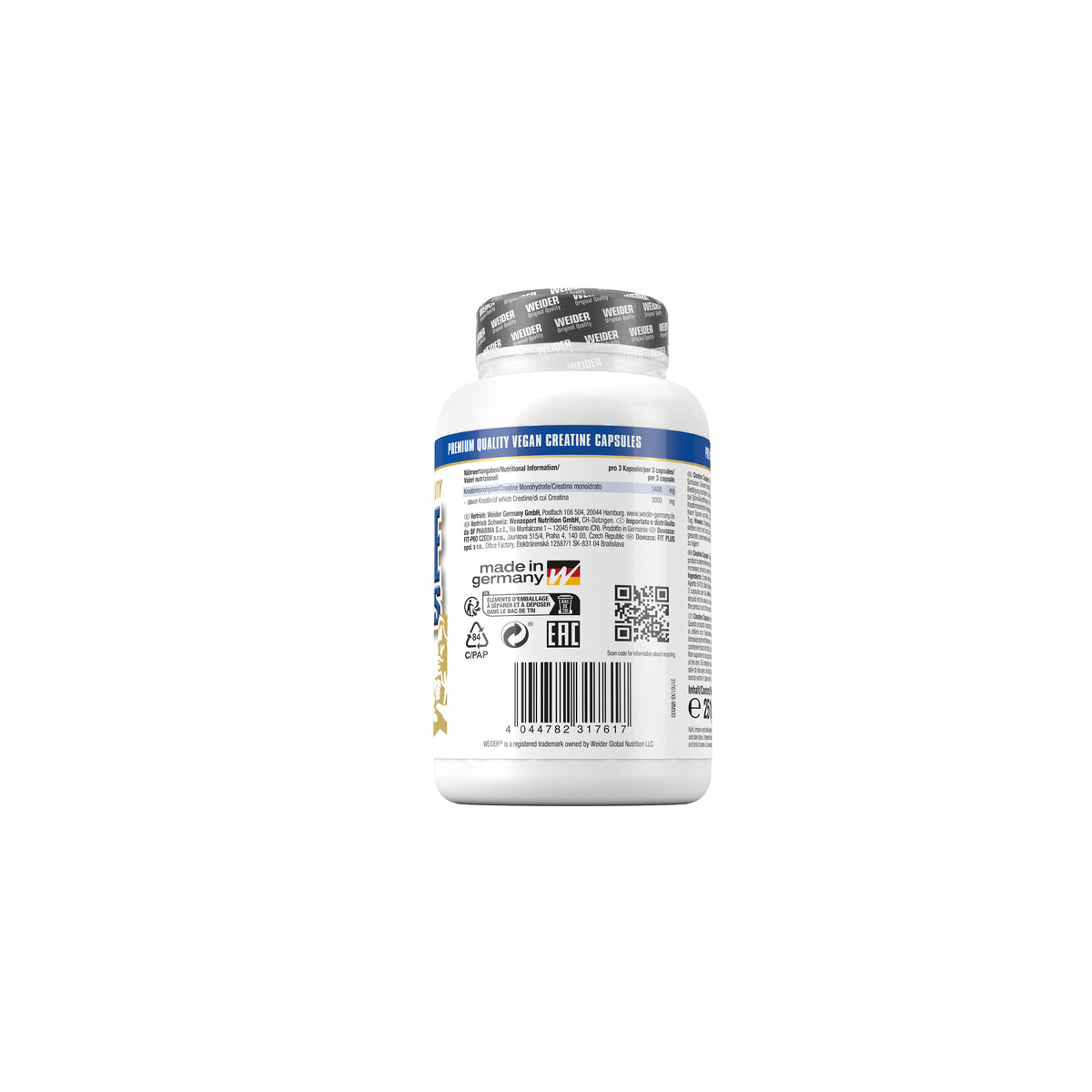 Rückseite der Weider Creatine Kapseln Dose mit Nährwertangaben, Barcode und Herkunftshinweisen.