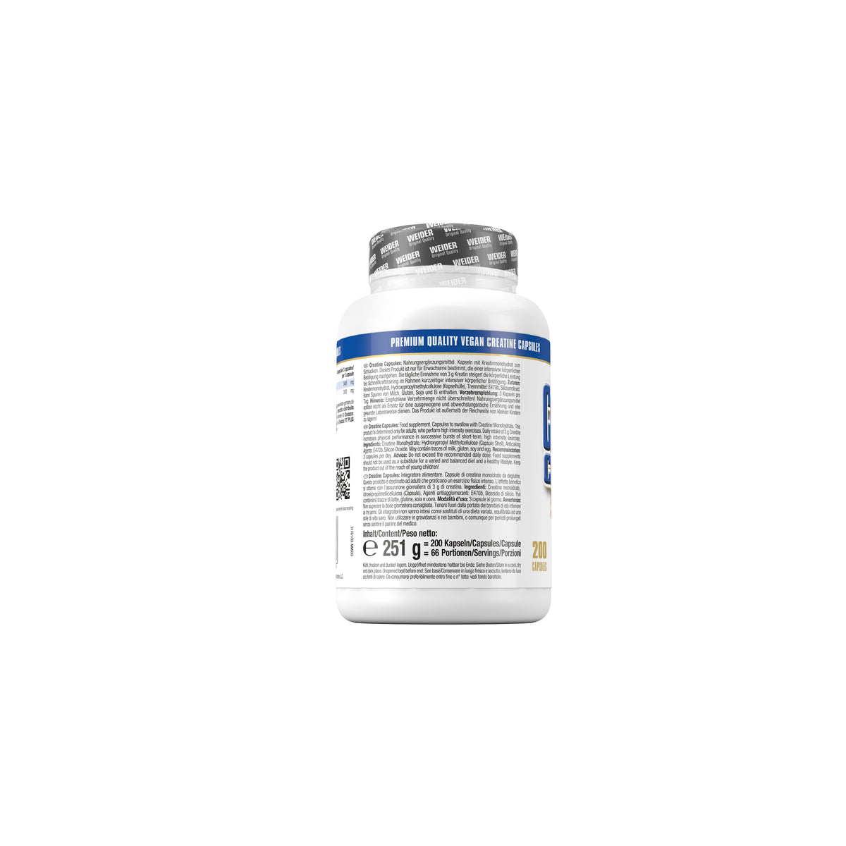 Seitenansicht der Weider Creatine Caps Dose mit ausführlichem Text zu den Inhaltsstoffen und 200 Stück Angabe.