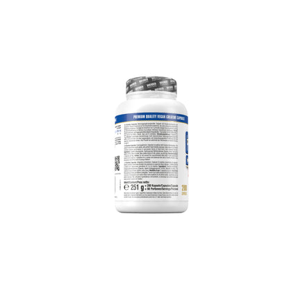 Seitenansicht der Weider Creatine Caps Dose mit ausführlichem Text zu den Inhaltsstoffen und 200 Stück Angabe.