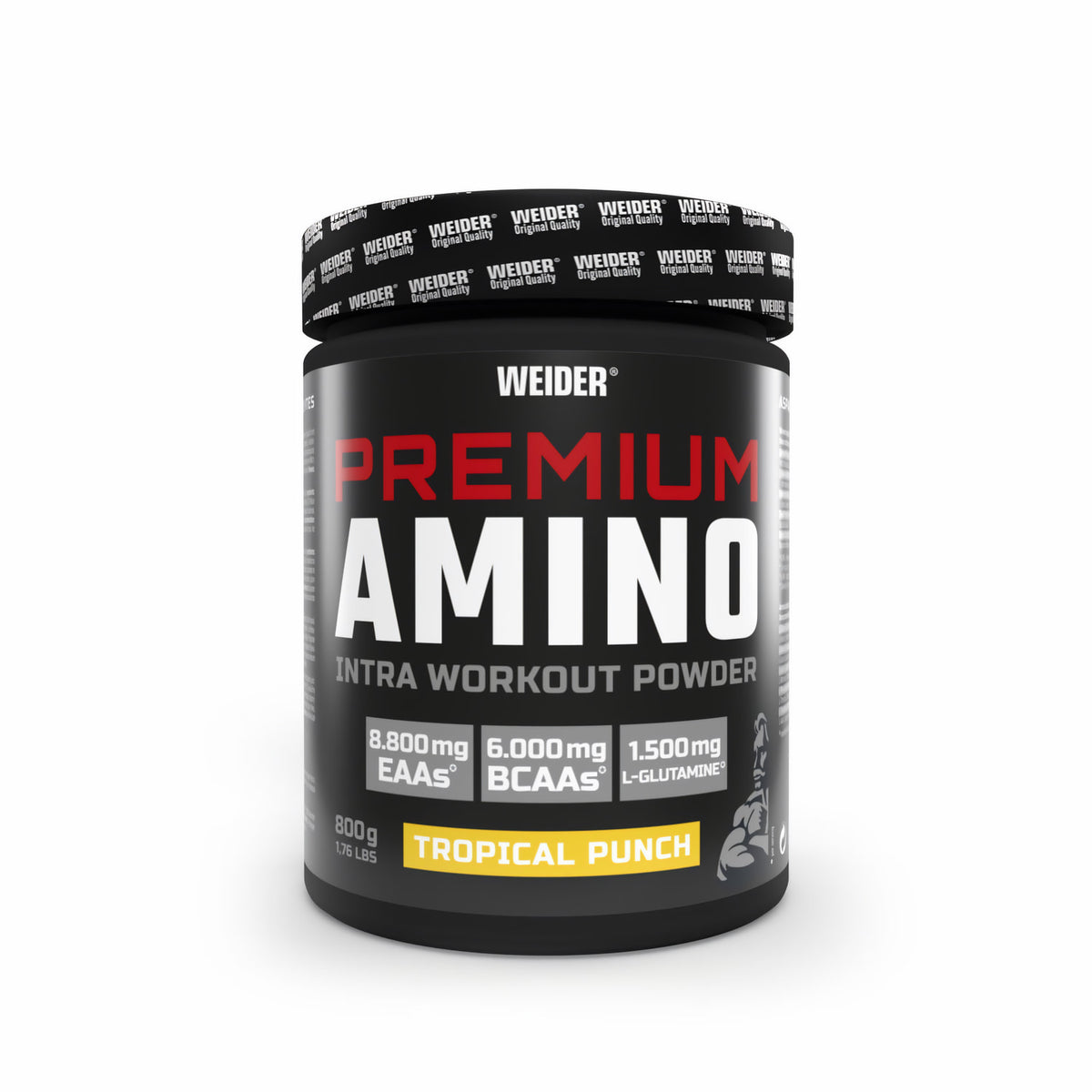 Weider Premium Amino Pulver 800g, schwarze Dose mit gelbem Tropical Punch Etikett, freigestellt vor weißem Hintergrund.